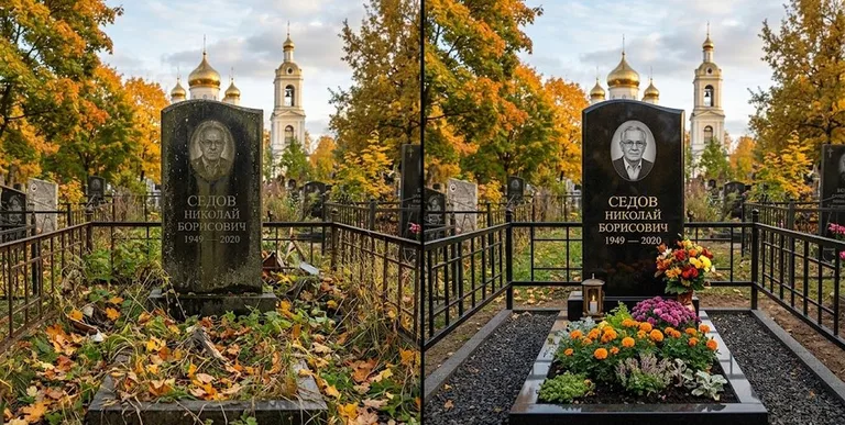 Уборка могилы до и после осенью — у церкви в Тольятти