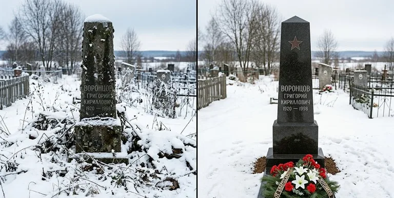 Уборка могилы до и после зимой — воинский обелиск в Тольятти
