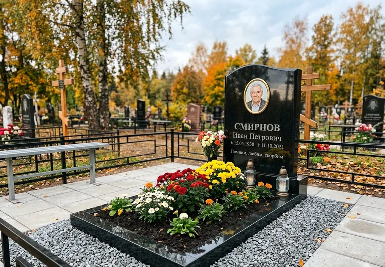Ухоженная могила после уборки и мойки памятника в Тольятти