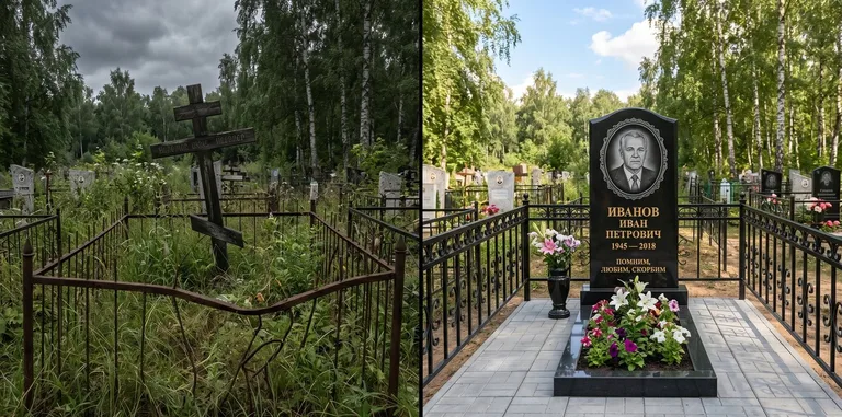 Благоустройство могилы до и после установки памятника в Тольятти