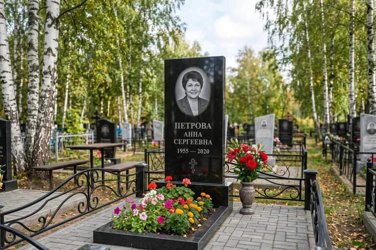 Гранитный памятник с цветником и плиткой в Тольятти