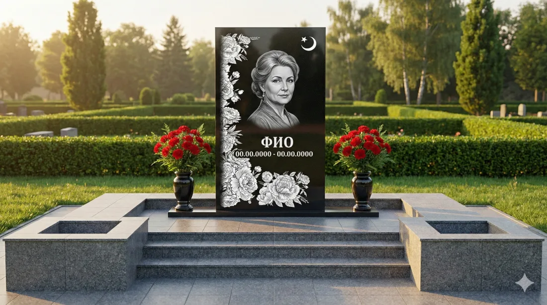 Памятник сестре чёрный с портретом, полумесяцем, гравировкой роз и двумя вазами красных цветов Памятник сестре чёрный с портретом, полумесяцем, гравировкой роз и двумя вазами красных цветов