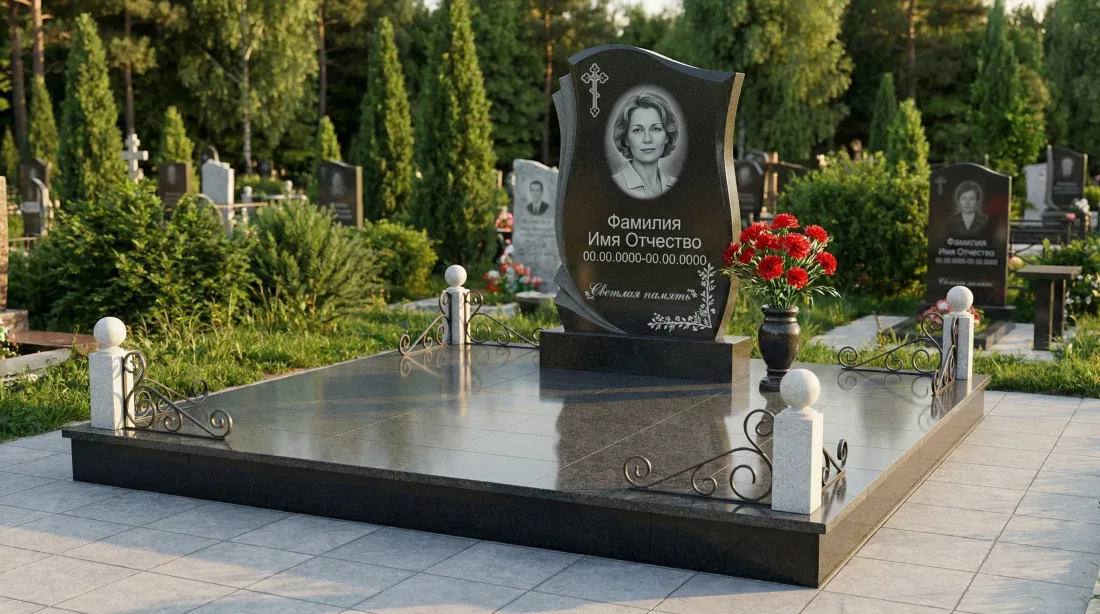 Памятник женщине из коричневого гранита, фигурная стела с портретом и крестом, кованая ажурная оградка с шарами Памятник женщине из коричневого гранита, фигурная стела с портретом и крестом, кованая ажурная оградка с шарами