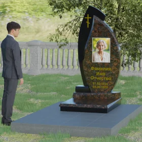 Православный вертикальный комбинированный памятник с крестом - П004
