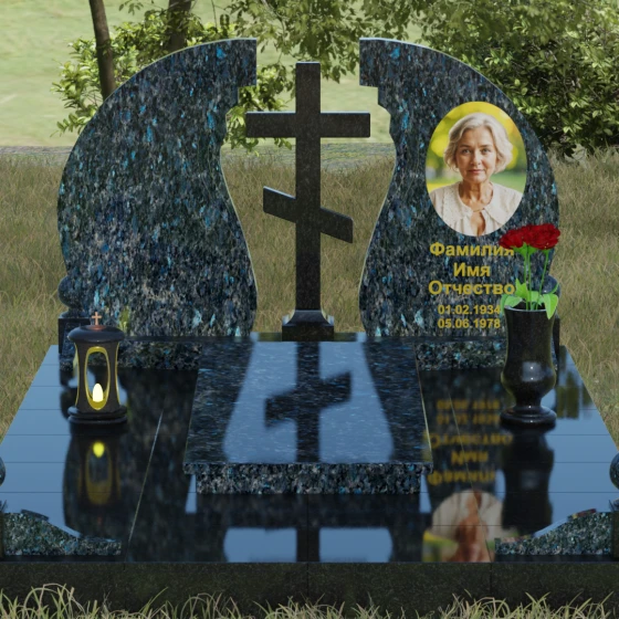 Православный гранитный памятник с восьмиконечным крестом, гранит Блю Перл, вид 2