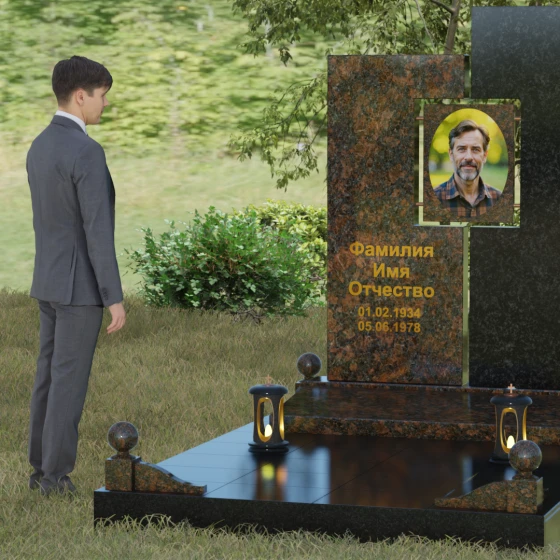 Мемориальный комплекс с асимметричными блоками и сквозным вырезом, гранит Дымовский, вид 4