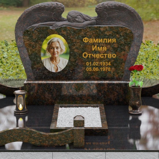 Горизонтальный памятник с фигурой ангела, гранит Дымовский, вид 2