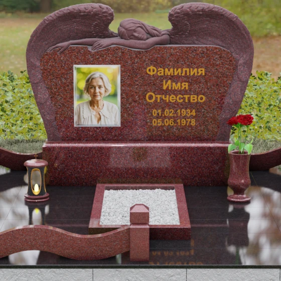 Горизонтальный памятник с фигурой ангела, гранит Лезниковский, вид 2