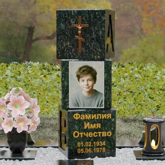 Православный памятник с крестом и кубическими блоками, гранит Балтик грин