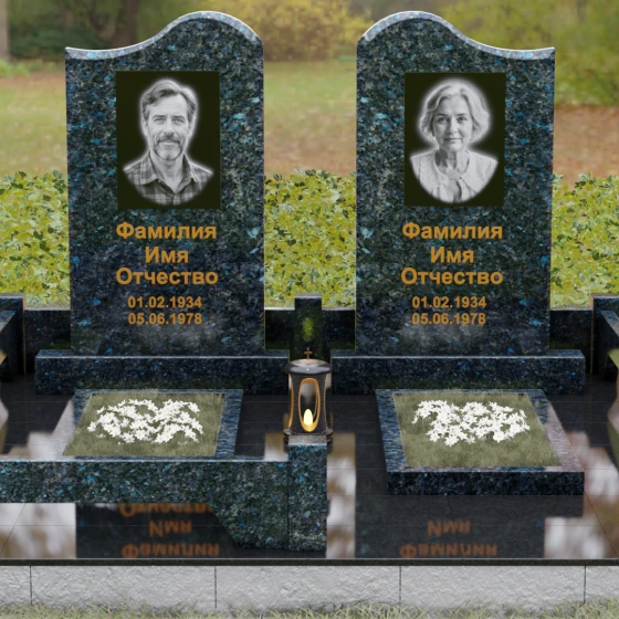 Памятник гранитный двойной с волнообразным верхом, гранит Блю Перл, вид 2