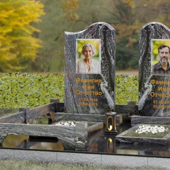 Памятник гранитный двойной с волнообразным верхом, гранит амфиболит, вид 4
