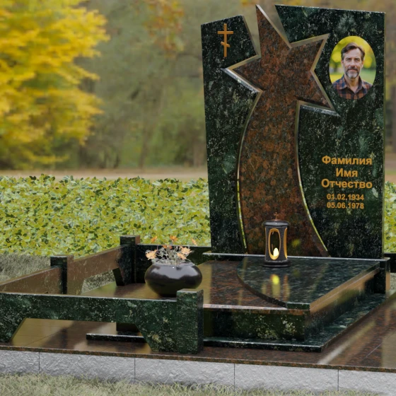 Мемориальный ансамбль со звездой и православным крестом, гранит Балтик грин, вид 4