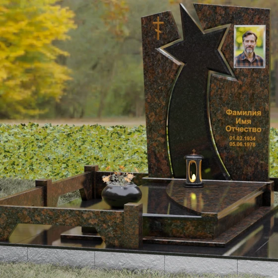 Мемориальный ансамбль со звездой и православным крестом, гранит Дымовский, вид 4