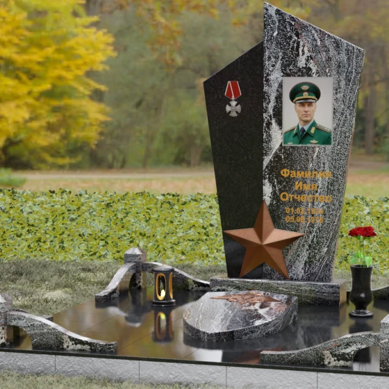 Комбинированный памятник с объемной звездой, гранит амфиболит, вид 4