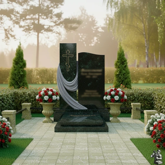 Элитный памятник с драпировкой и крестом, гранит Балтик грин