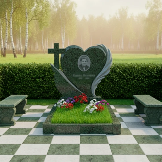 Гранитный памятник с сердцем и православным крестом, гранит Балтик грин