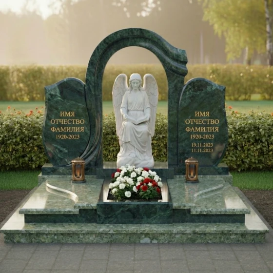 Мемориал с мраморным ангелом и аркой из гранита, гранит Балтик грин