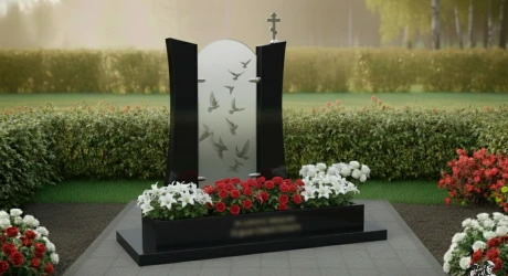 Гранитный памятник со стеклом и цветником в комплекте