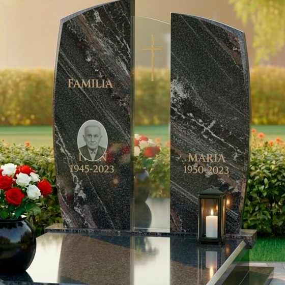 Памятник-арка с католическим крестом и надписью Familia, гранит амфиболит