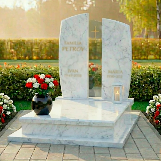 Памятник-арка с католическим крестом и надписью Familia, мрамор Тассос