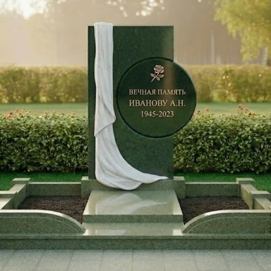 Гранитный мемориал с драпировкой и розой, гранит Балтик грин