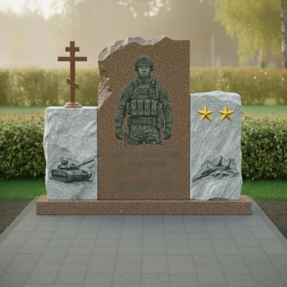 Гранитный памятник воину с православным крестом, гранит Дымовский