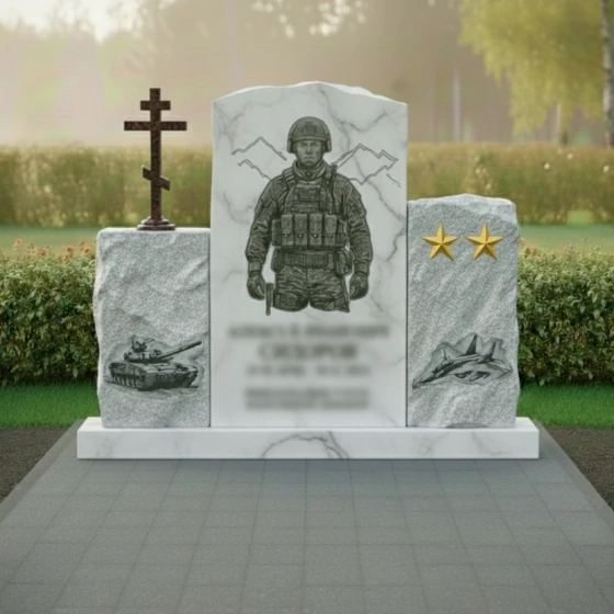Гранитный памятник воину с православным крестом, мрамор Тассос