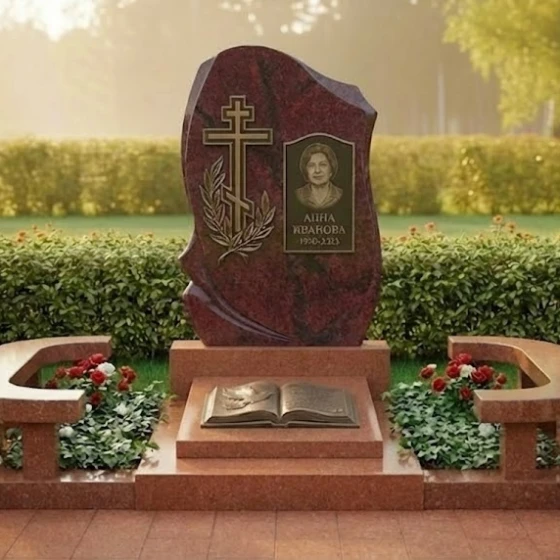 Мемориальный комплекс с крестом и гравировкой, гранит Лезниковский