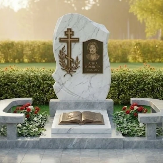 Мемориальный комплекс с крестом и гравировкой, мрамор Тассос
