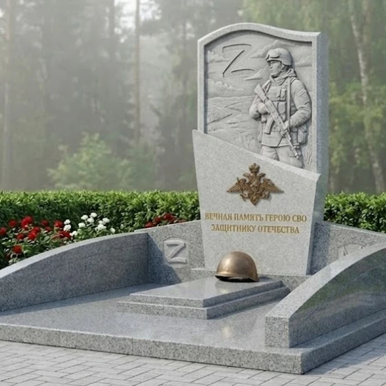 Гранитный памятник воину СВО с барельефом, гранит Мансуровский