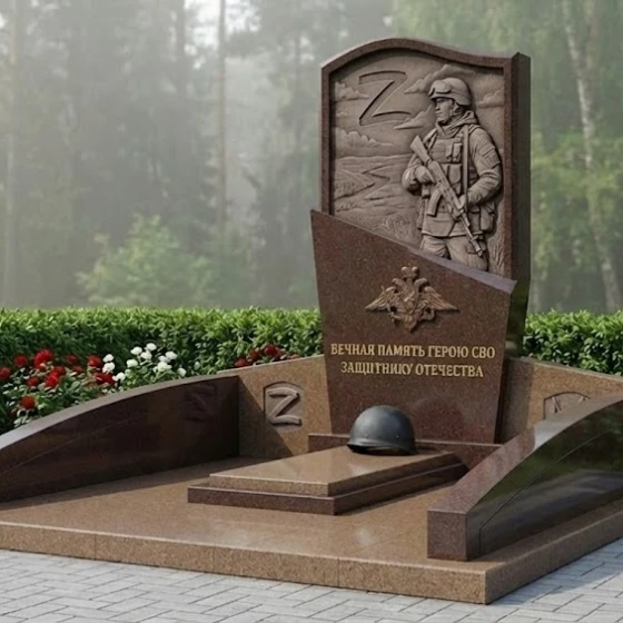 Гранитный памятник воину СВО с барельефом, гранит Дымовский