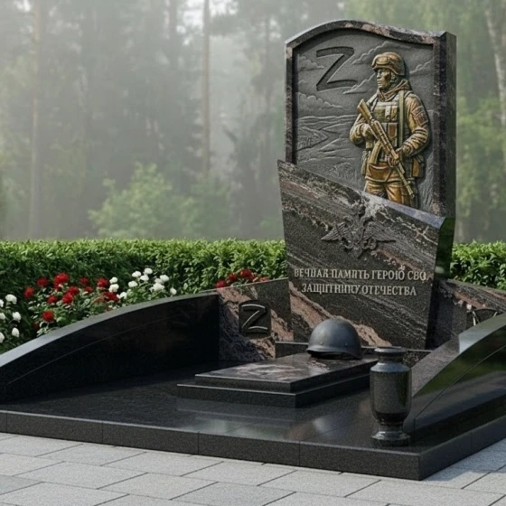 Гранитный памятник воину СВО с барельефом, гранит амфиболит
