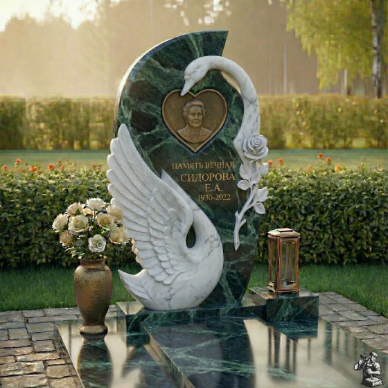 Мемориал с лебедем и розой, комбинированный, гранит Балтик грин