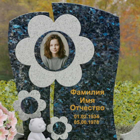 Комбинированный памятник с цветком и медвежонком, гранит Блю Перл