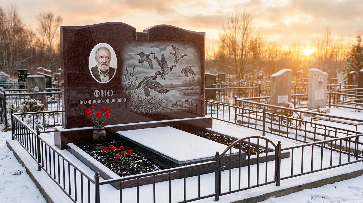 Пример дизайна: Гранитный памятник охотнику в форме арки с уткой в полёте