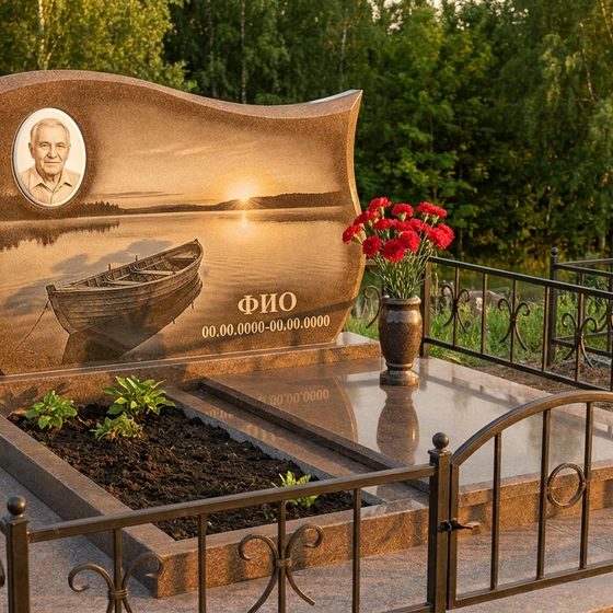Гранитный памятник рыбаку в форме скалы со сценой рыбалки