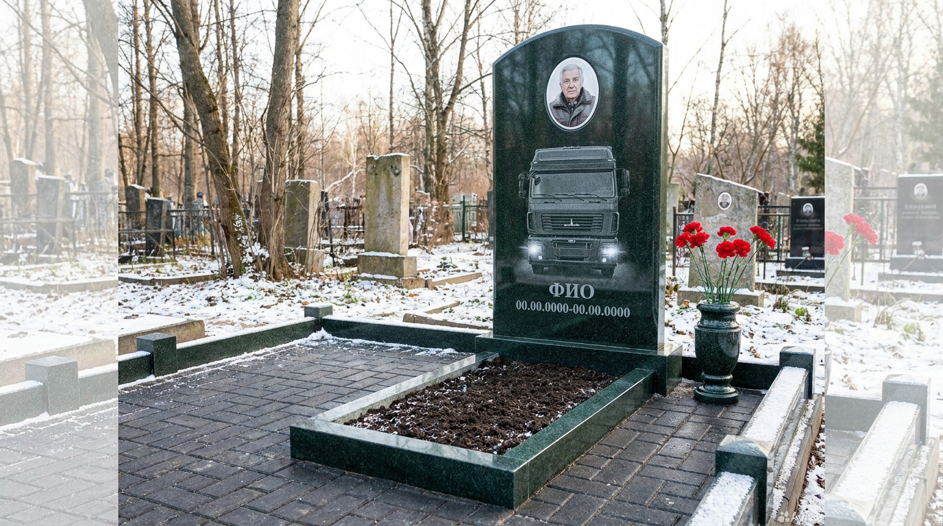 Пример дизайна: Гранитный памятник дальнобойщику в форме арки с гравировкой грузовика