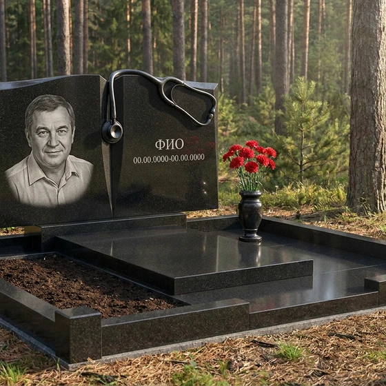 Гранитный памятник врачу в форме книги с фонендоскопом и книгой