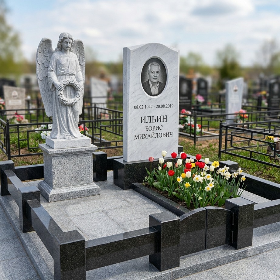 Пример дизайна: Памятник с ангелом из белого мрамора (нежный) — фото и цена