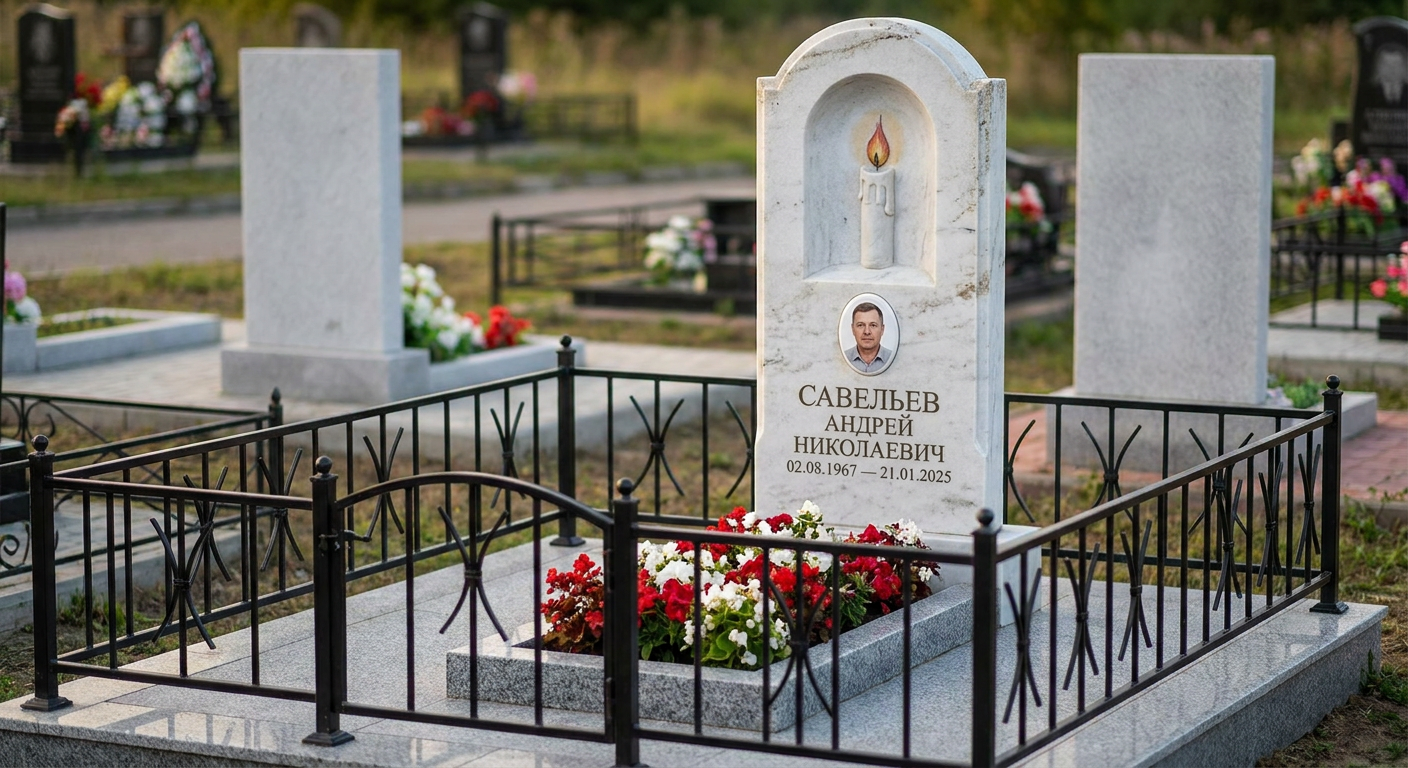 Пример дизайна: Мемориал с горящей свечой из белого мрамора