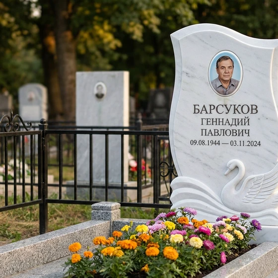 памятник с лебедем из белого мрамора с фотопортретом