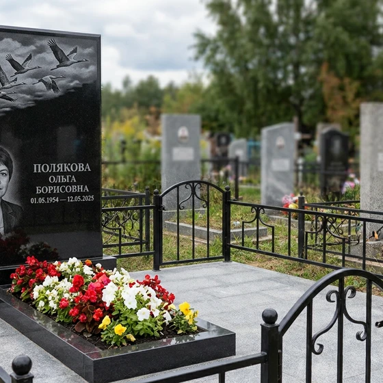 Памятник с журавлями из чёрного гранита габбро-диабаз с портретом