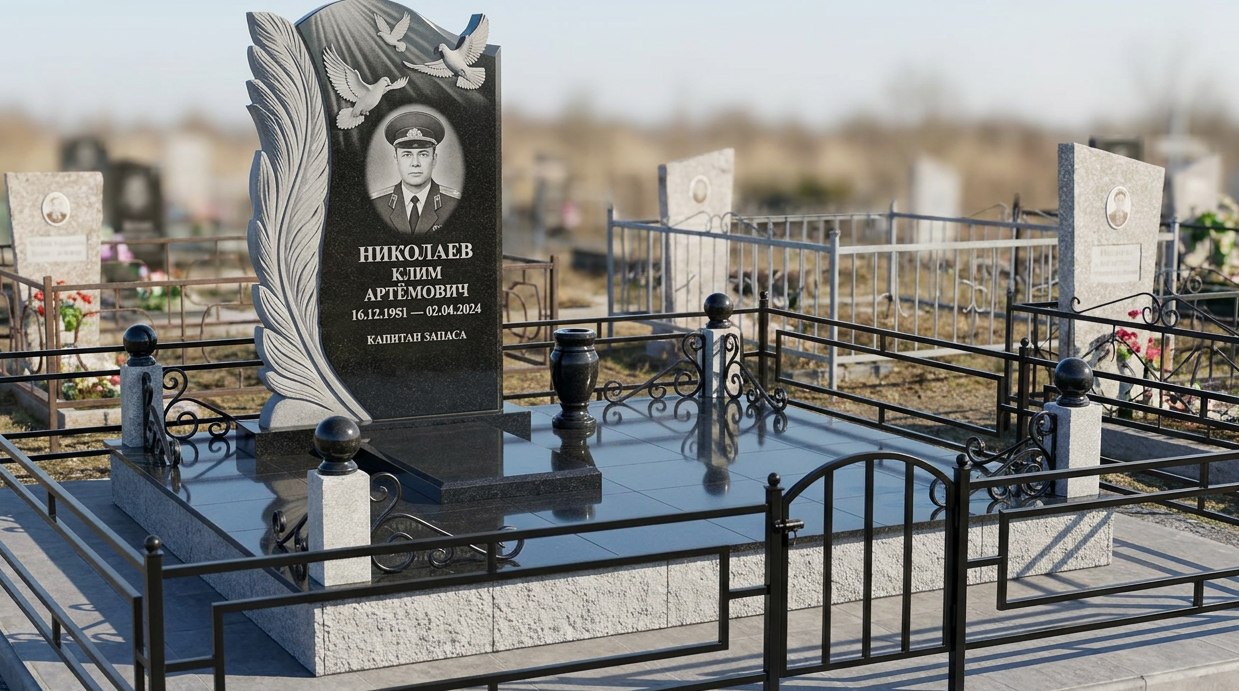 Пример дизайна: Комбинированный памятник с гравировкой голубей и резным крылом — фото и цена