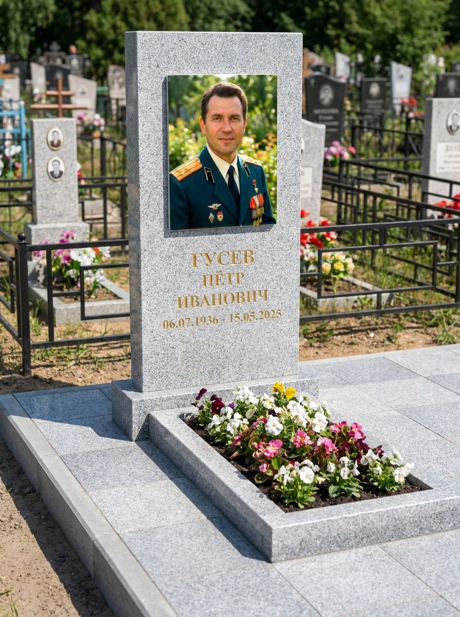 Портрет на памятнике в Тольятти — Прямоугольник на гранитной стеле, ФИО и даты на портрете
